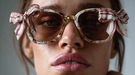A captivating close-up portrait of a fashion model showcasing unique sunglasses adorned with playful bow accents, perfect for summer vibes and style inspiration.の素材