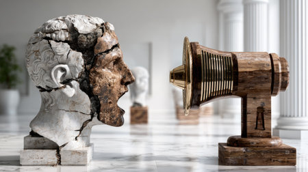 A striking juxtaposition of a cracked marble head sculpture and a vintage speaker, set in an elegant museum environment, creating a dialogue between past and present.の素材