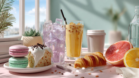 A vibrant summer dessert table featuring delightful pastries, colorful macarons, refreshing iced beverages, and fresh fruits, perfect for a cozy gathering.の素材