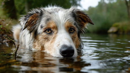 An adorable dog enjoying a peaceful moment in tranquil water, surrounded by serene nature, showcasing its gentle expression and beautiful fur.の素材