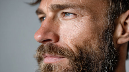 A striking close-up portrait of a thoughtful man with a beard, showcasing his intense gaze and rugged features, set against a neutral background.の素材