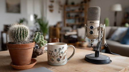 A delightful scene captures a cozy workspace featuring a microphone, a cactus plant, and a beautifully designed coffee mug on a wooden table.の素材