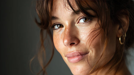 This stunning close-up portrait features a young woman with natural makeup, soft curls, and a warm expression. The beauty of her skin and freckles shines against a neutral backdrop.の素材