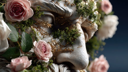 This captivating close-up image features an ornate sculpture adorned with delicate roses and natural greenery, showcasing intricate details and artistic beauty.の素材