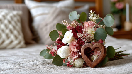 A stunning floral bouquet featuring soft pink and white flowers, accented by a heart-shaped wooden decoration, set on cozy bed linen, evoking romance.の素材