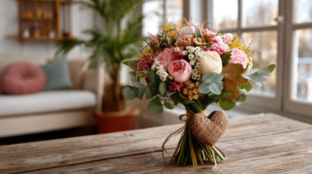 A stunning floral bouquet featuring vibrant roses and eucalyptus arranged beautifully with a decorative heart on a rustic wooden table, perfect for bright home decor.の素材