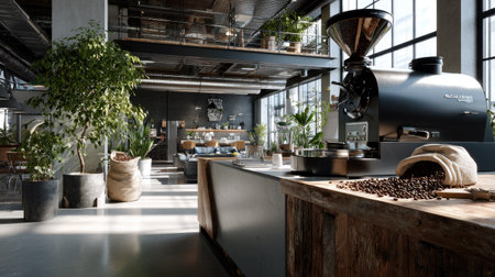 This image captures a modern coffee shop interior featuring stylish decor, vibrant plants, and a professional espresso machine, reflecting a lively urban atmosphere.の素材
