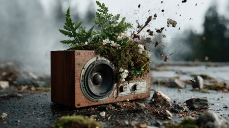 A creative and striking image of a vintage speaker overflowing with lush greenery and flowers, representing the harmony between nature and technology.の素材