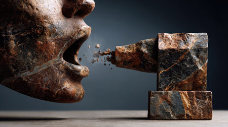 This captivating abstract sculpture depicts a human face in stone, with a mouth open in expression, revealing fragments breaking away, symbolizing communication.の素材