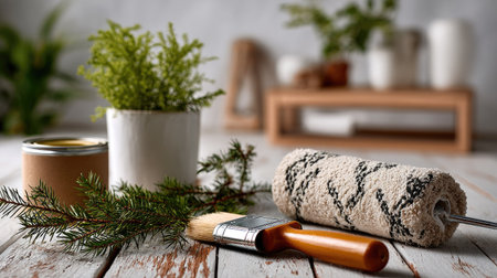 This image features a serene indoor space with a paint roller and brush, surrounded by greenery, capturing the essence of home renovation and decoration.の素材