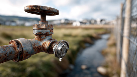 This image showcases a rusty water faucet dripping into a serene stream, set against a beautiful countryside landscape. Ideal for nature themes.の素材