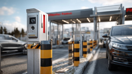 A contemporary parking gate system stands prominently at an urban parking lot. Vehicles are visible, illustrating convenience and automated access in modern transport management.の素材