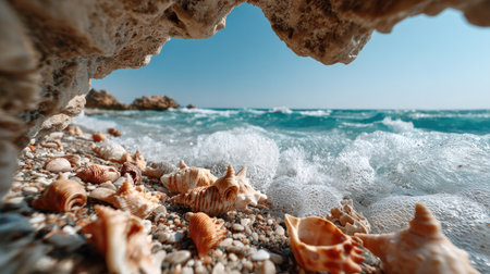 A serene coastal view featuring an array of seashells on the sandy beach, with gentle waves lapping at the shore under a clear blue sky.の素材