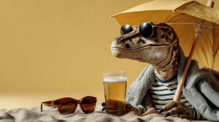 A playful lizard character relaxes at the beach under a bright umbrella while wearing stylish sunglasses, enjoying a cold beer. Perfect for summer themes!の素材