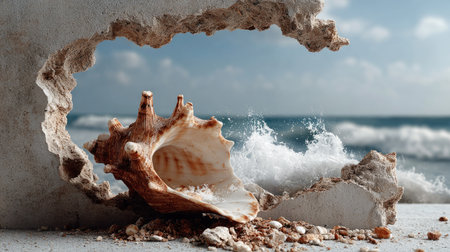 A stunning coastal scene captures a seashell perched near the ocean waves, framed by a natural rock formation. The bokeh background enhances the tranquil atmosphere, perfect for nature lovers and serene beach vibes.の素材