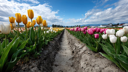 A stunning view of a vibrant tulip field featuring rows of colorful blooms under a bright sky. The image captures nature's beauty in spring.の素材