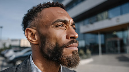 A confident man with a well-groomed beard stands in front of a modern building, showcasing determination and ambition in a professional setting.の素材