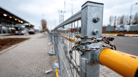 This image captures a close-up view of a chain securing a metal barrier at a construction site, highlighting urban infrastructure and safety features.の素材