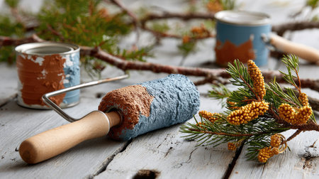 This captivating image features a paint roller with unique color textures alongside paint cans and a pine branch, set on a rustic wooden surface.の素材
