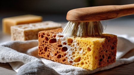 A beautifully composed image featuring vibrant, colorful sponges with an elegant brush, set on a soft fabric background. Ideal for cleanliness themes.の素材