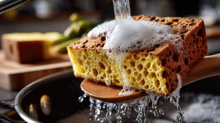 A vivid close-up image showcasing a yellow dishwashing sponge, under running water, creating shiny bubbles in a cozy kitchen setting. Ideal for cleaning themes.の素材