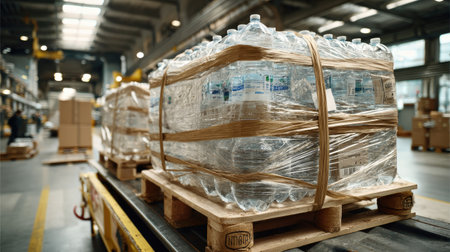 A wooden pallet stacked with bottled water showcases a common sight in industrial warehouses, highlighting packaging, logistics, and efficiency in storage.の素材