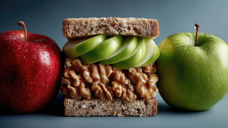 A visually appealing sandwich features crunchy walnuts and crisp apple slices nestled between whole grain bread, complemented by red and green apples.の素材