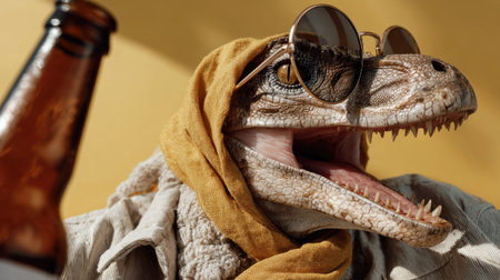 This whimsical image features a dinosaur character wearing sunglasses and a stylish scarf, bringing humor and creativity to a sunny setting.の素材