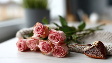A captivating arrangement of delicate pink roses lying next to a bronze heart pendant on a soft knit background, capturing the essence of romance and beauty.の素材