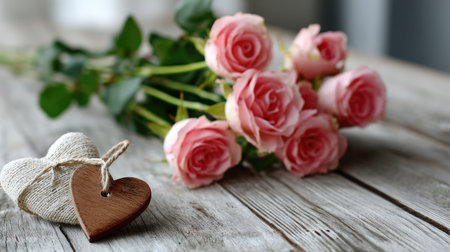 A charming scene of pink roses elegantly arranged with decorative hearts on a rustic wooden table, perfect for romantic themes and special occasions.の素材