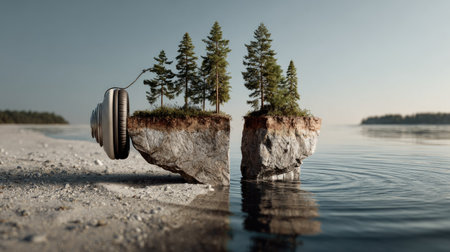 This surreal image blends nature and sound, featuring headphones beside a floating island with trees surrounded by calm waters, evoking creativity and tranquility.の素材