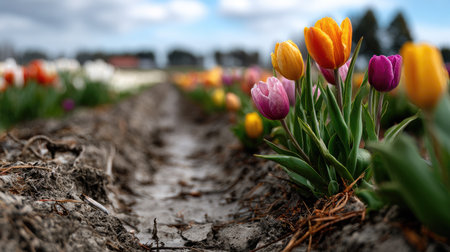 A picturesque view of colorful tulip flowers blooming in a serene field, accented by a bright sky. The fresh blooms showcase vibrant colors, enhancing the natural beauty of the landscape.の素材