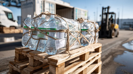 A stack of packaged bottled water securely tied on a wooden pallet, ready for transportation at a bustling distribution center, reflecting efficiency in logistics.の素材