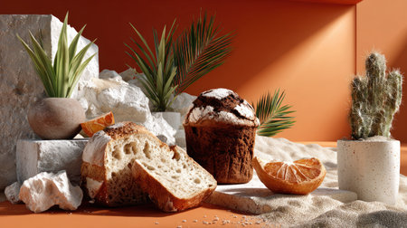 A beautifully arranged composition featuring a freshly baked muffin alongside slices of bread, adorned with decorative plants against a vibrant orange background.の素材