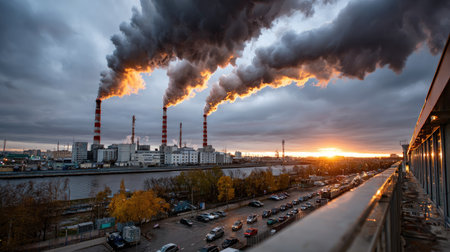 A stunning industrial landscape featuring smoke stacks billowing clouds against a dramatic sunset sky. The scene captures the complexities of urban energy and environment.の素材
