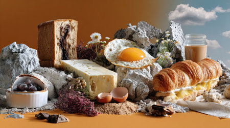 Explore a visually stunning arrangement of gourmet ingredients including cheese, bread, eggs, and croissants set against a textured backdrop, highlighting natural beauty.の素材