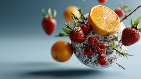This striking composition features fresh fruits including oranges, strawberries, and raspberries, creatively arranged to showcase their vibrant colors and textures against a soft blue background.の素材