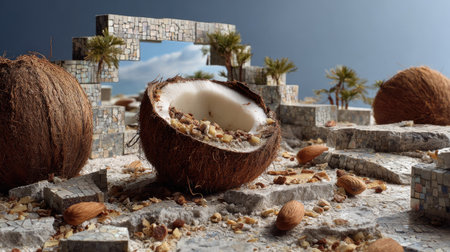This artistic image portrays broken coconuts surrounded by stones and almonds, creating a surreal landscape infused with natureの素材