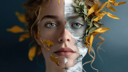 An intriguing portrait showcases a young woman's face, split with natural leaves and artistic paint, symbolizing the intersection of nature and creativity.の素材
