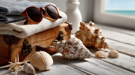 A cozy beach setup featuring stylish sunglasses and various seashells arranged around a vintage wooden box, evoking summer memories and relaxation.の素材