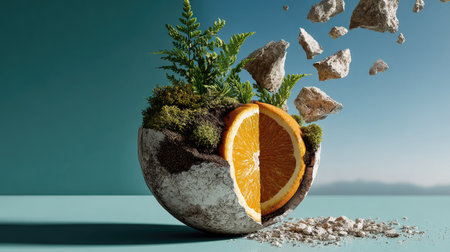 This imaginative stock photo features a split orange surrounded by lush greenery and floating rocks, creating an ethereal blend of nature and fruit.の素材