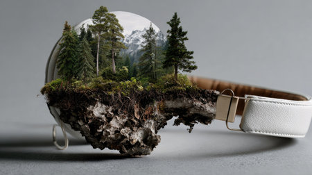 This stunning image illustrates headphones seamlessly blending with a lush forest landscape, symbolizing the harmony between music and nature. It invites viewers to explore imaginative connections between sound and tranquility.の素材