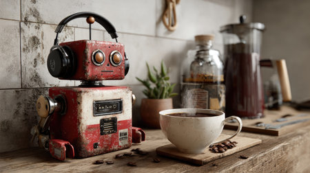 A whimsical vintage robot wearing headphones sits beside a steaming coffee cup on a rustic wooden kitchen table, evoking nostalgia and warmth.の素材