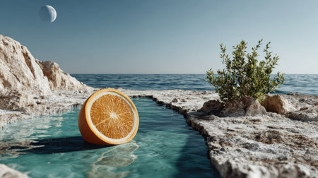 This imaginative image showcases a half orange resting on rocky terrain by tranquil ocean waters, creating a dreamy atmosphere with stunning visual contrasts.の素材