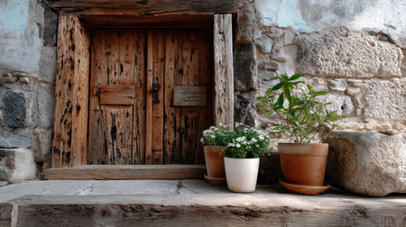 This image features a rustic wooden door set against a weathered stone wall, complemented by potted plants that enhance the serene outdoor ambiance.の素材