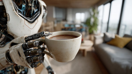 A futuristic robot stands in a stylish living room, holding a coffee cup, blending advanced technology with a cozy domestic setting, showcasing innovation.の素材