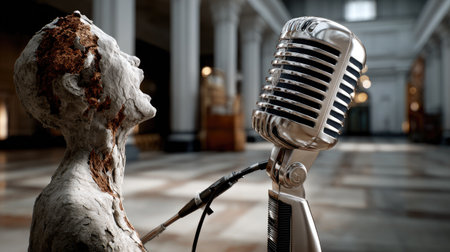 A vintage microphone stands beside an abstract sculpture in an empty historic hall, merging art with sound. The scene evokes emotions and creativity.の素材