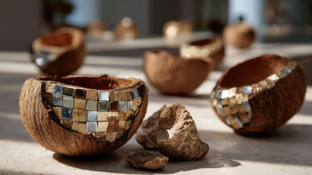 Beautifully crafted coconut bowls adorned with mosaic patterns, showcasing an elegant blend of natural materials and artistic design, perfect for home decor.の素材