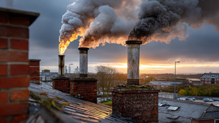 This striking image captures industrial chimneys releasing smoke against a vibrant sunset backdrop. Dramatic clouds enhance the urban landscape, evoking themes of pollution and environmental impact.の素材
