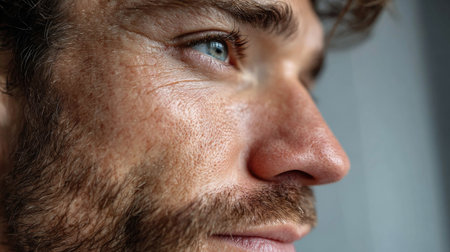 A captivating close-up profile of a man showcasing light blue eyes and intricate skin textures, highlighting emotion and personality in soft natural light.の素材